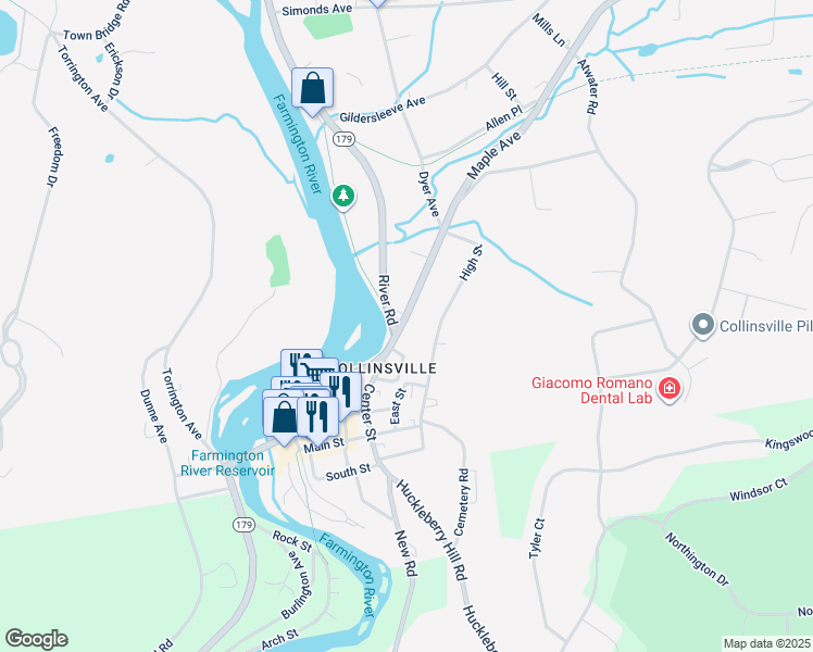 map of restaurants, bars, coffee shops, grocery stores, and more near 5 Maple Avenue in Canton