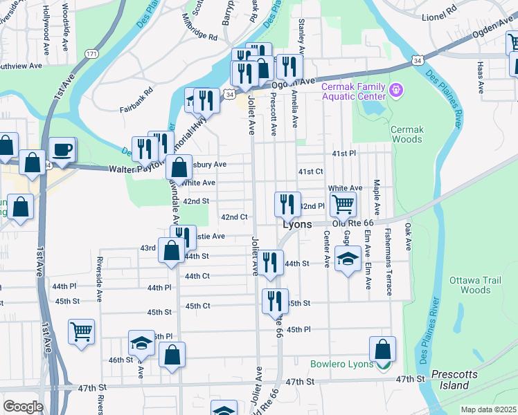 map of restaurants, bars, coffee shops, grocery stores, and more near 4231 Joliet Avenue in Lyons