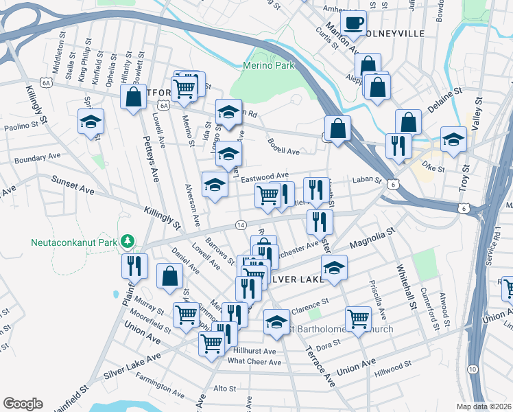 map of restaurants, bars, coffee shops, grocery stores, and more near 185 Whittier Avenue in Providence