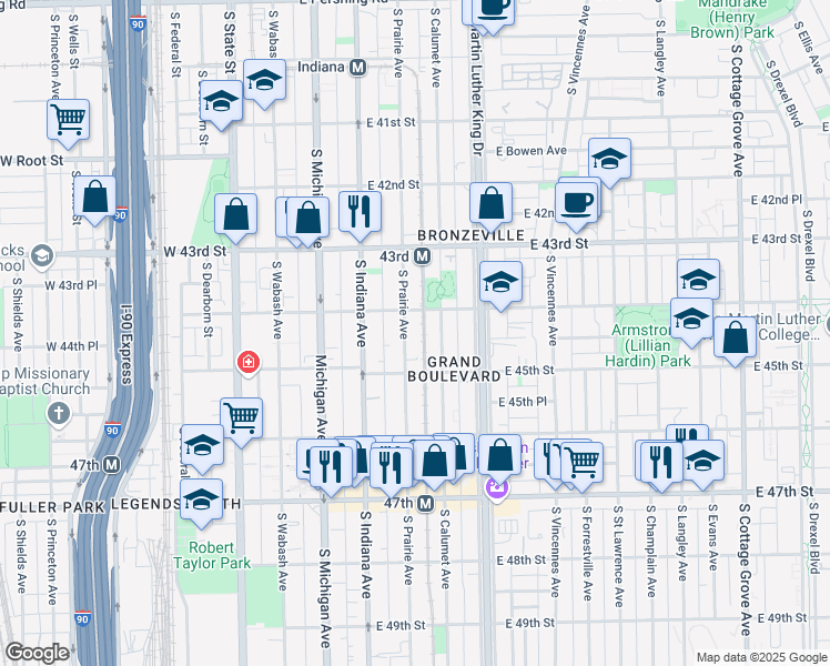 map of restaurants, bars, coffee shops, grocery stores, and more near 4421 South Prairie Avenue in Chicago