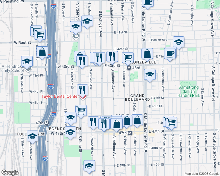 map of restaurants, bars, coffee shops, grocery stores, and more near 4418 South Indiana Avenue in Chicago