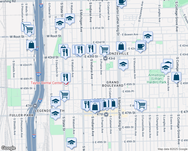 map of restaurants, bars, coffee shops, grocery stores, and more near 4419 South Indiana Avenue in Chicago