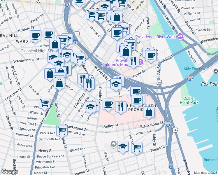 map of restaurants, bars, coffee shops, grocery stores, and more near 26 Emmett Street in Providence