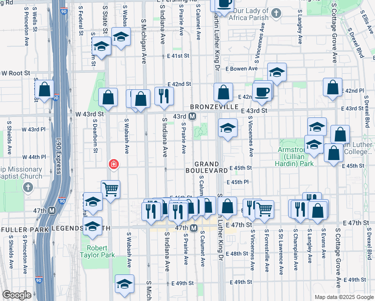 map of restaurants, bars, coffee shops, grocery stores, and more near 4421 South Prairie Avenue in Chicago