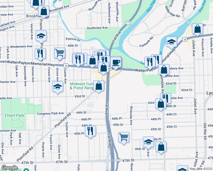map of restaurants, bars, coffee shops, grocery stores, and more near 4206 1st Avenue in Lyons