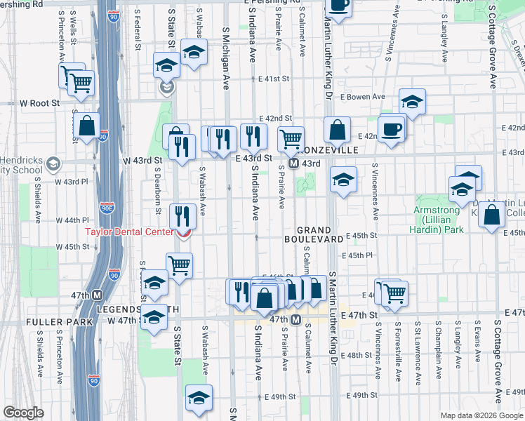 map of restaurants, bars, coffee shops, grocery stores, and more near 4417 South Indiana Avenue in Chicago