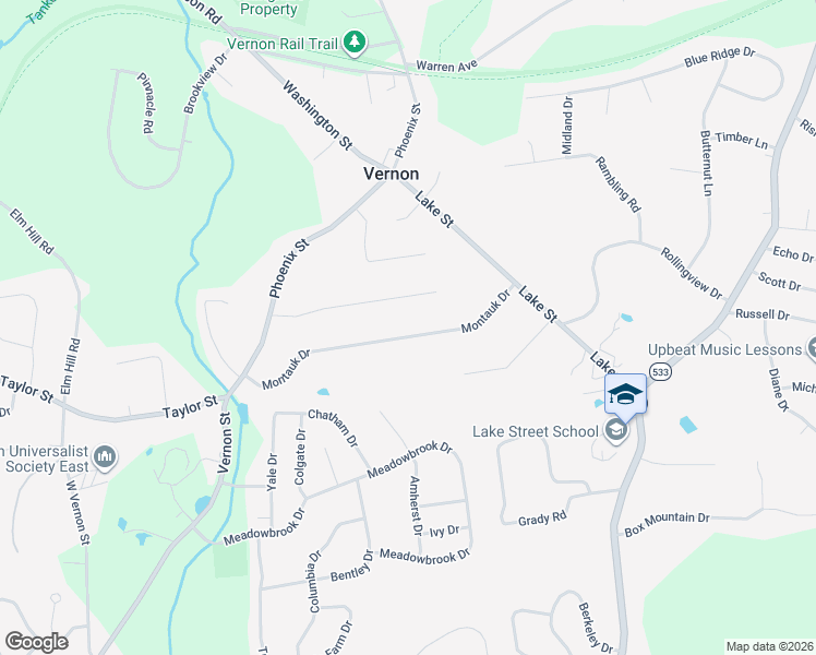 map of restaurants, bars, coffee shops, grocery stores, and more near 65 Montauk Drive in Vernon