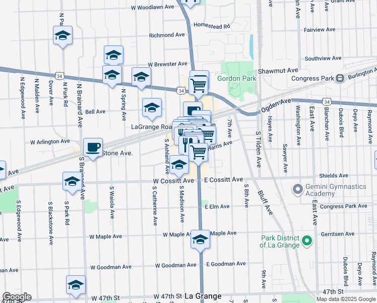 map of restaurants, bars, coffee shops, grocery stores, and more near 52 U.S. 45 in La Grange