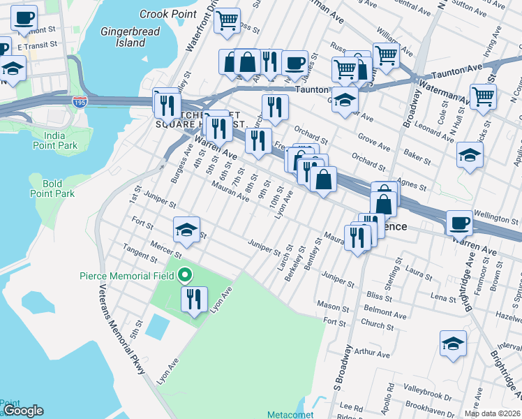 map of restaurants, bars, coffee shops, grocery stores, and more near 247 Mauran Avenue in East Providence
