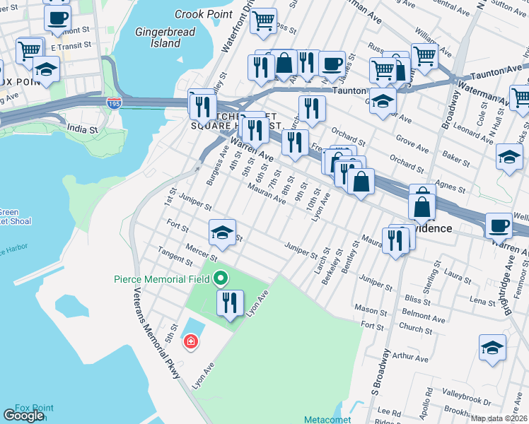 map of restaurants, bars, coffee shops, grocery stores, and more near 64 8th Street in East Providence