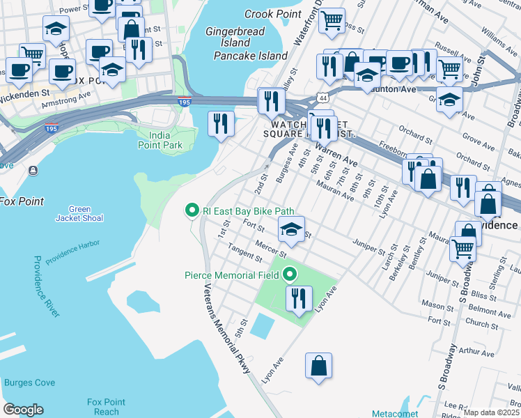 map of restaurants, bars, coffee shops, grocery stores, and more near 150 Quarry Street in East Providence