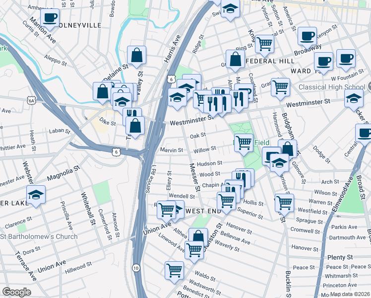 map of restaurants, bars, coffee shops, grocery stores, and more near 96 Willow Street in Providence