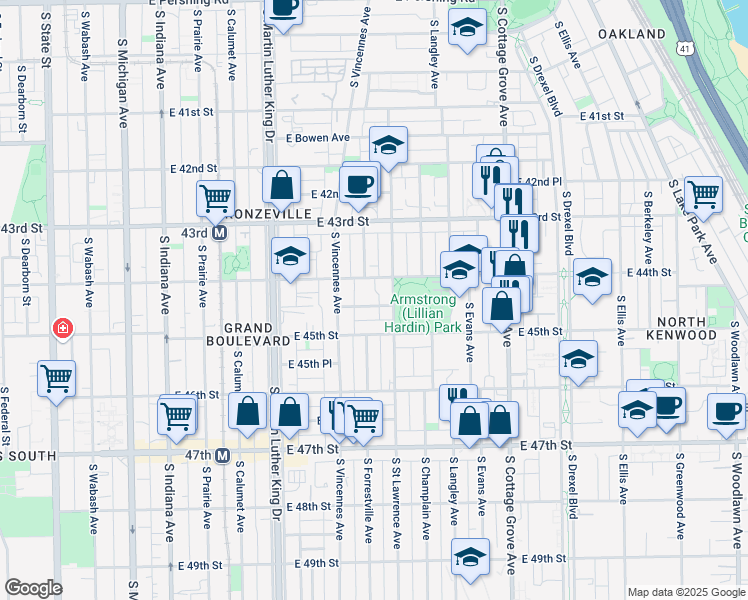 map of restaurants, bars, coffee shops, grocery stores, and more near 549 East 44th Place in Chicago