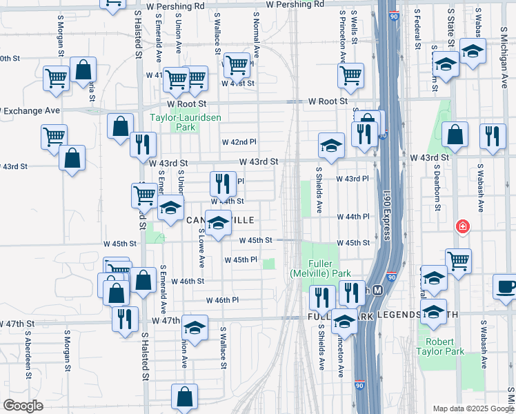 map of restaurants, bars, coffee shops, grocery stores, and more near 514 West 44th Place in Chicago