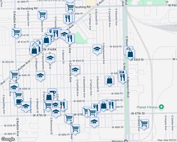 map of restaurants, bars, coffee shops, grocery stores, and more near 4353 South Washtenaw Avenue in Chicago
