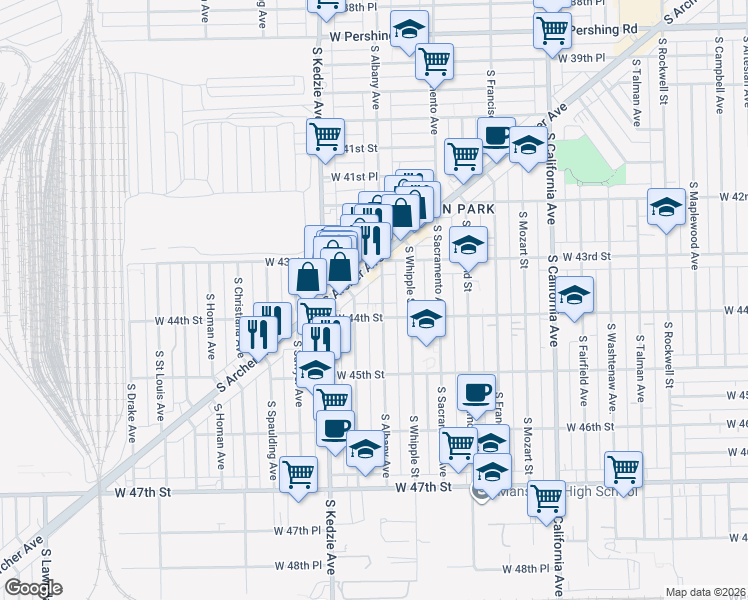 map of restaurants, bars, coffee shops, grocery stores, and more near 3102 West 44th Street in Chicago