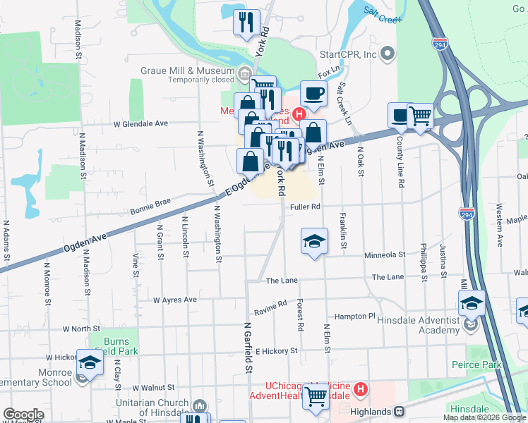 map of restaurants, bars, coffee shops, grocery stores, and more near 118 Fuller Road in Hinsdale