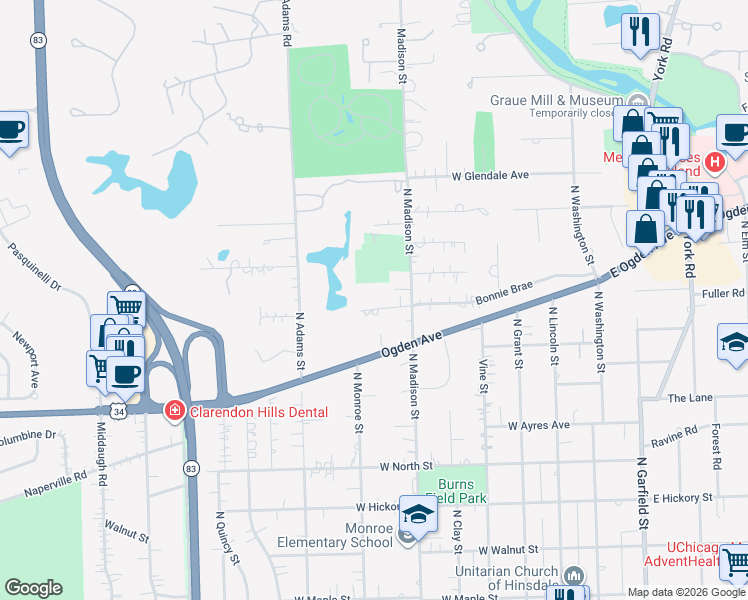 map of restaurants, bars, coffee shops, grocery stores, and more near 531 Bonnie Brae in Hinsdale