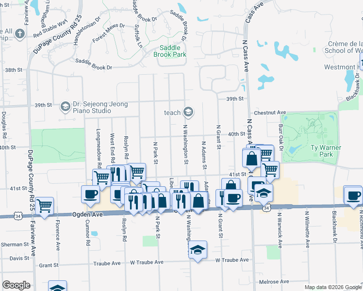 map of restaurants, bars, coffee shops, grocery stores, and more near 4011 Liberty Boulevard in Westmont
