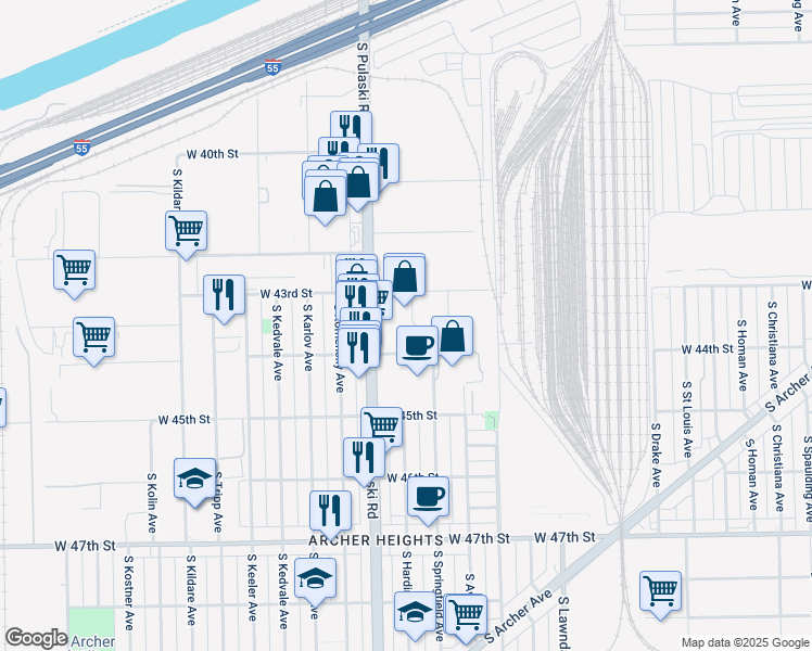 map of restaurants, bars, coffee shops, grocery stores, and more near 4331 S Pulaski Rd in Chicago