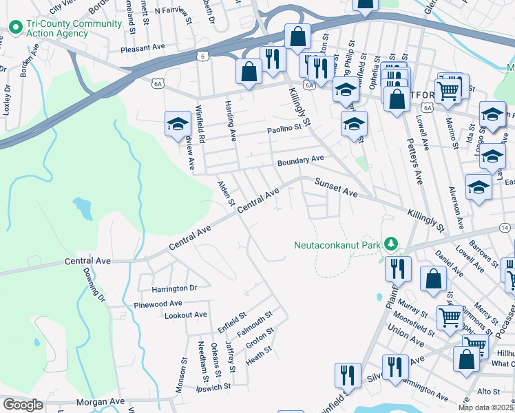 map of restaurants, bars, coffee shops, grocery stores, and more near 140 Central Avenue in Johnston