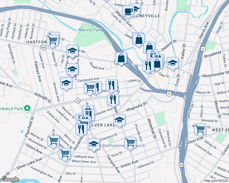 map of restaurants, bars, coffee shops, grocery stores, and more near 91 Webster Avenue in Providence