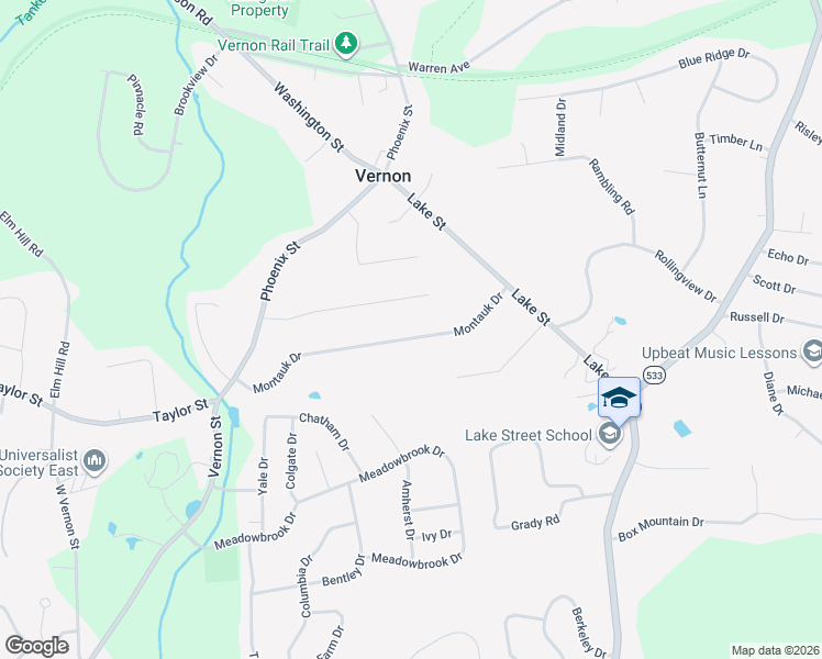 map of restaurants, bars, coffee shops, grocery stores, and more near 65 Montauk Drive in Vernon