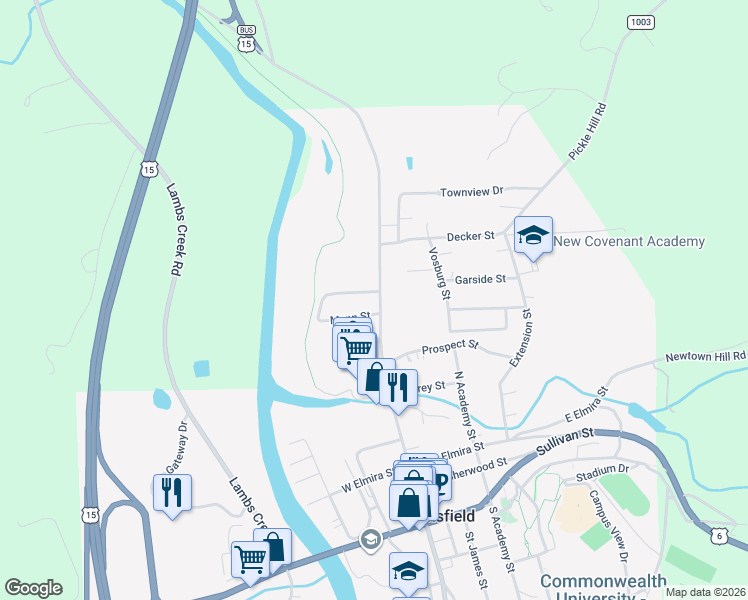 map of restaurants, bars, coffee shops, grocery stores, and more near 6 Mann Street in Mansfield