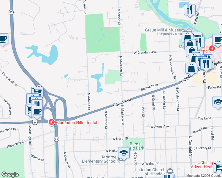 map of restaurants, bars, coffee shops, grocery stores, and more near 531 Bonnie Brae in Hinsdale