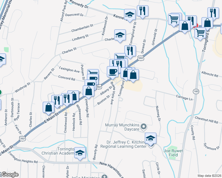 map of restaurants, bars, coffee shops, grocery stores, and more near 102 Albany Avenue in Torrington
