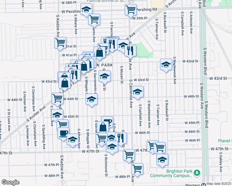 map of restaurants, bars, coffee shops, grocery stores, and more near 4350 South Mozart Street in Chicago