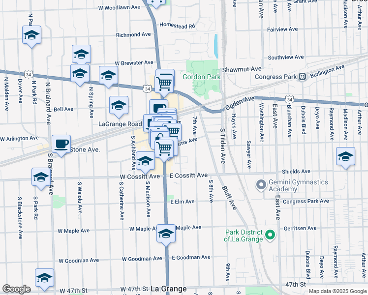 map of restaurants, bars, coffee shops, grocery stores, and more near in La Grange