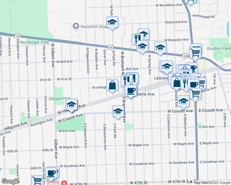 map of restaurants, bars, coffee shops, grocery stores, and more near 817 West Hillgrove Avenue in La Grange