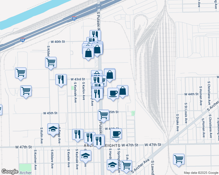 map of restaurants, bars, coffee shops, grocery stores, and more near 4331 South Pulaski Road in Chicago