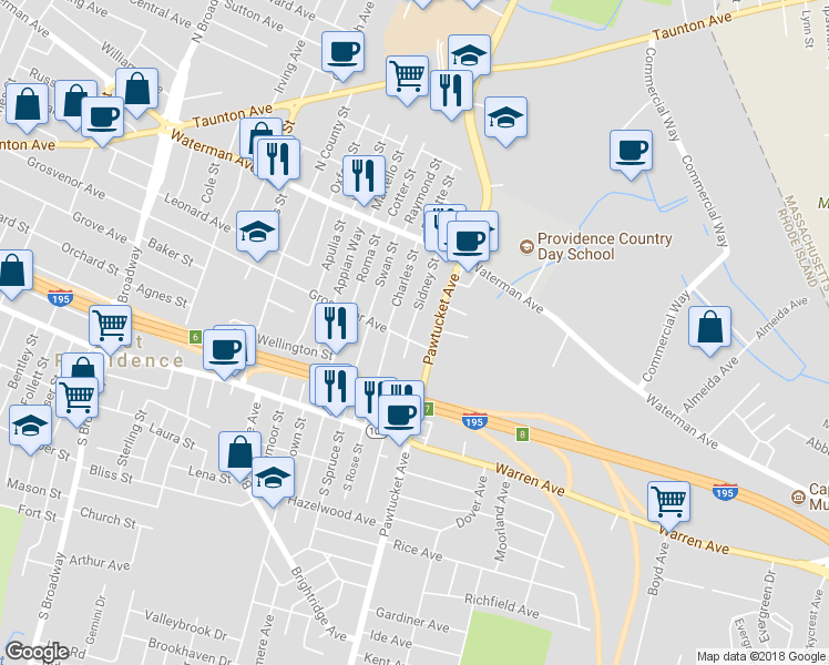 map of restaurants, bars, coffee shops, grocery stores, and more near 70 Sidney Street in East Providence