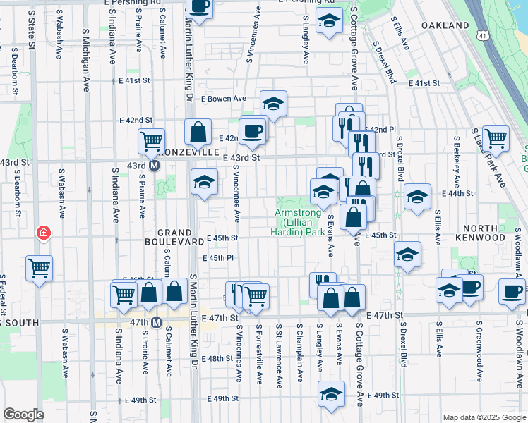 map of restaurants, bars, coffee shops, grocery stores, and more near 549 East 44th Place in Chicago