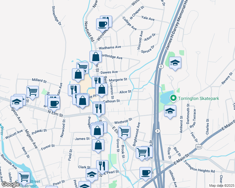map of restaurants, bars, coffee shops, grocery stores, and more near 22 Alice Street in Torrington