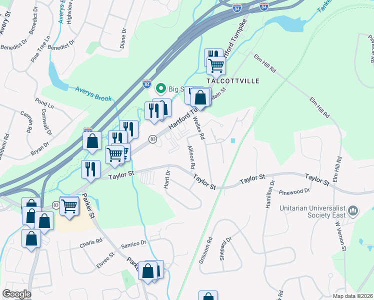 map of restaurants, bars, coffee shops, grocery stores, and more near 20 Allison Road in Vernon