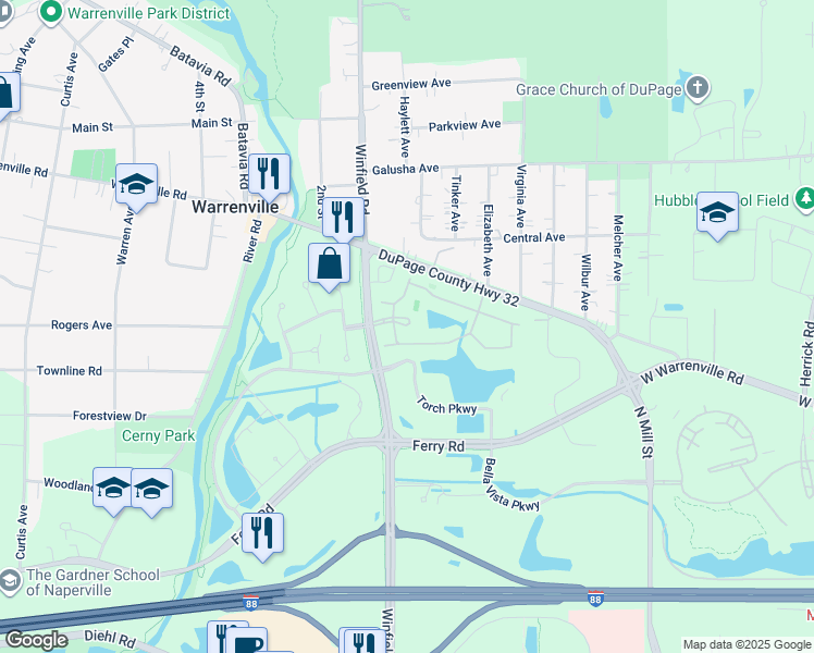 map of restaurants, bars, coffee shops, grocery stores, and more near 30000 Village Green Boulevard in Warrenville