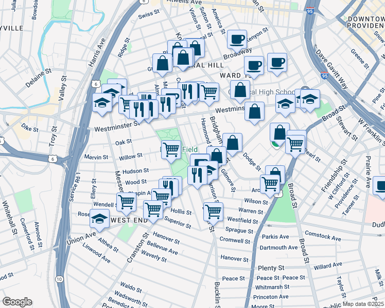 map of restaurants, bars, coffee shops, grocery stores, and more near 96 Dexter Street in Providence