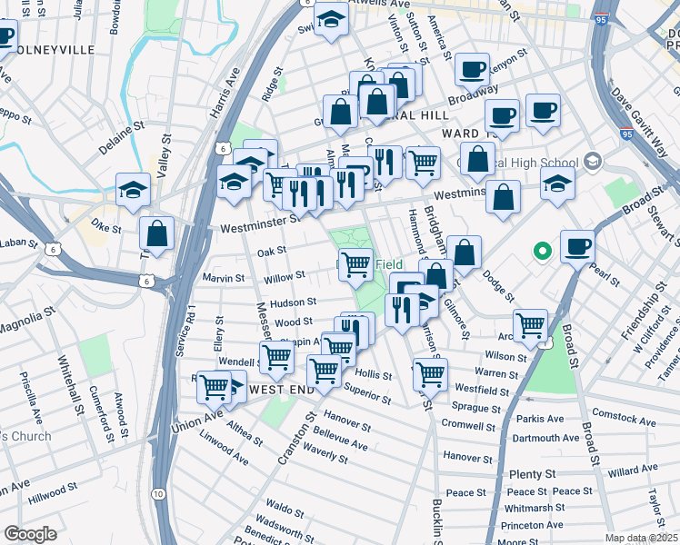 map of restaurants, bars, coffee shops, grocery stores, and more near 19 Bianco Court in Providence