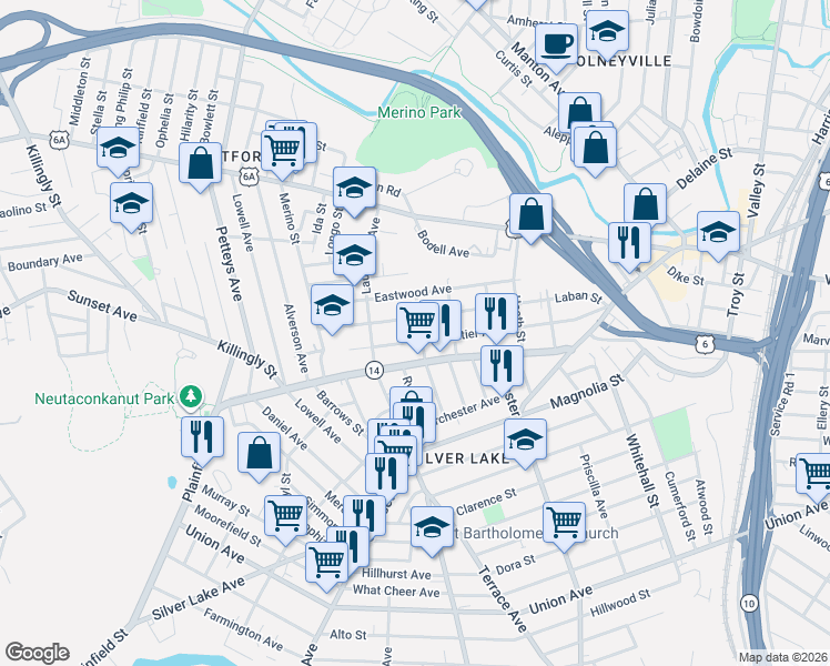 map of restaurants, bars, coffee shops, grocery stores, and more near 178 Whittier Avenue in Providence
