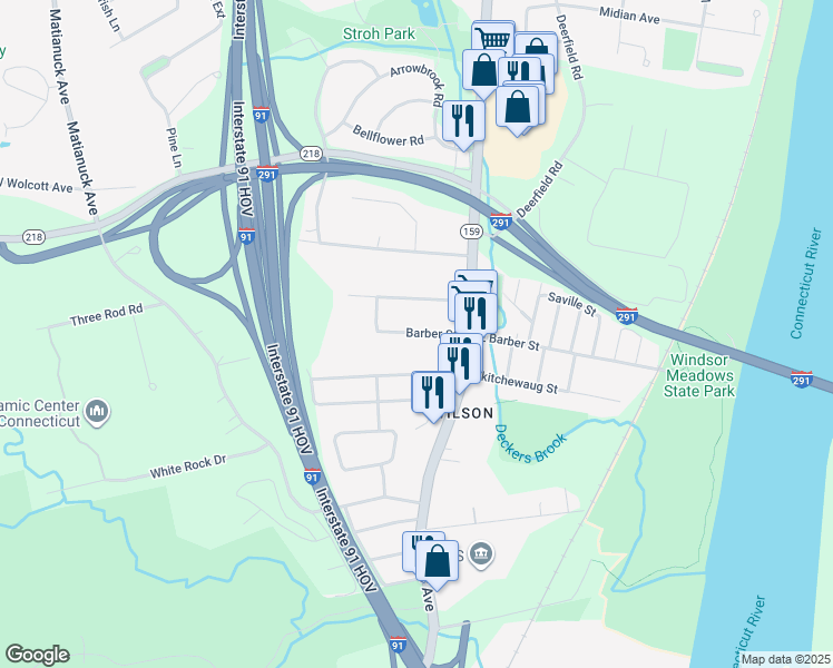 map of restaurants, bars, coffee shops, grocery stores, and more near 27 Barber Street in Windsor