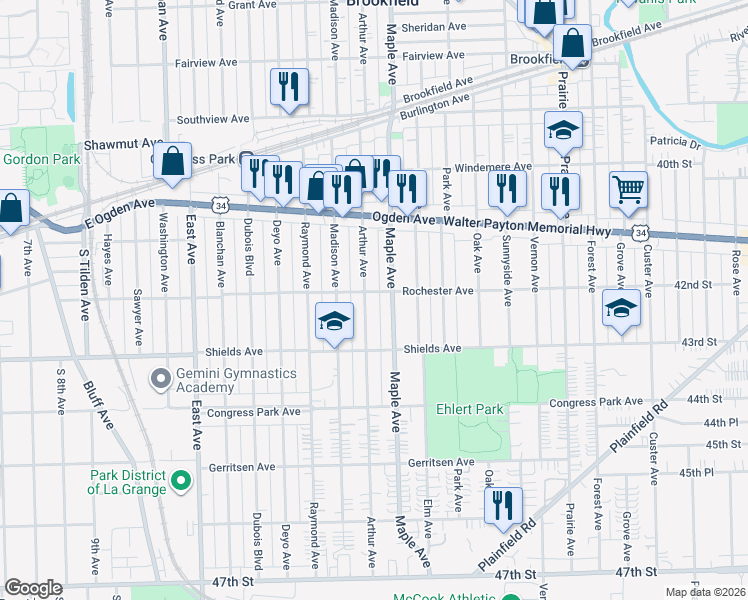 map of restaurants, bars, coffee shops, grocery stores, and more near 4215 Arthur Avenue in Brookfield