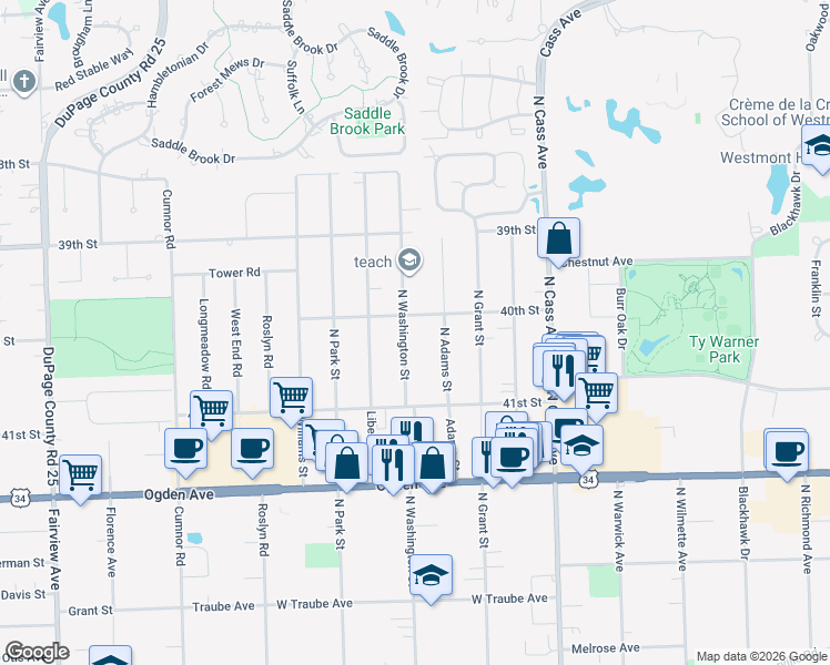 map of restaurants, bars, coffee shops, grocery stores, and more near 4011 North Washington Street in Westmont