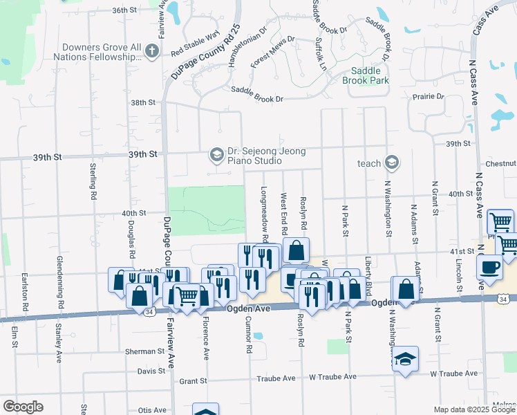 map of restaurants, bars, coffee shops, grocery stores, and more near 4031 Longmeadow Road in Downers Grove