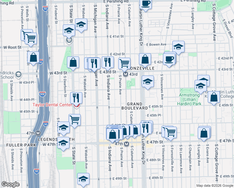 map of restaurants, bars, coffee shops, grocery stores, and more near 4421 South Prairie Avenue in Chicago