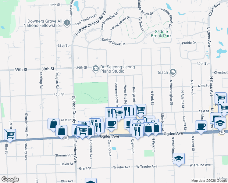 map of restaurants, bars, coffee shops, grocery stores, and more near 4031 Longmeadow Road in Downers Grove
