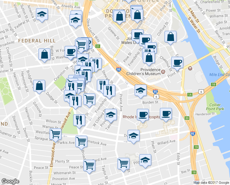 map of restaurants, bars, coffee shops, grocery stores, and more near 350 Point Street in Providence