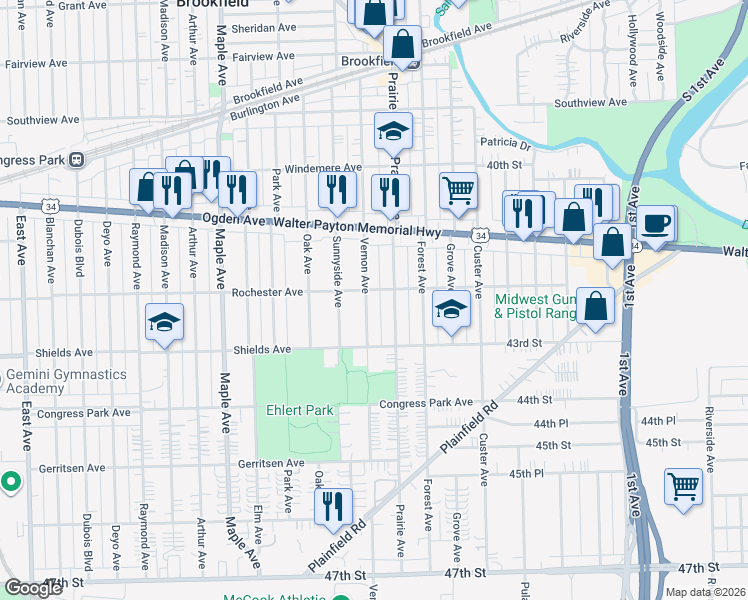 map of restaurants, bars, coffee shops, grocery stores, and more near 4216 Prairie Avenue in Brookfield